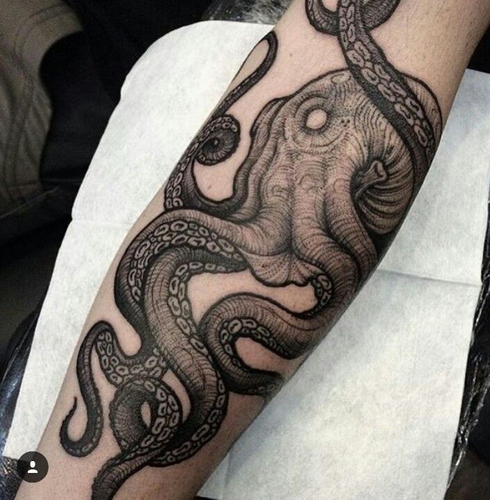 Gray Octopus Tattoo On Leg calf
