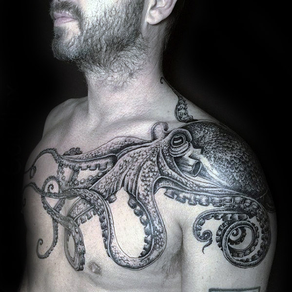 Gray Octopus Tattoo On Man’s Chest