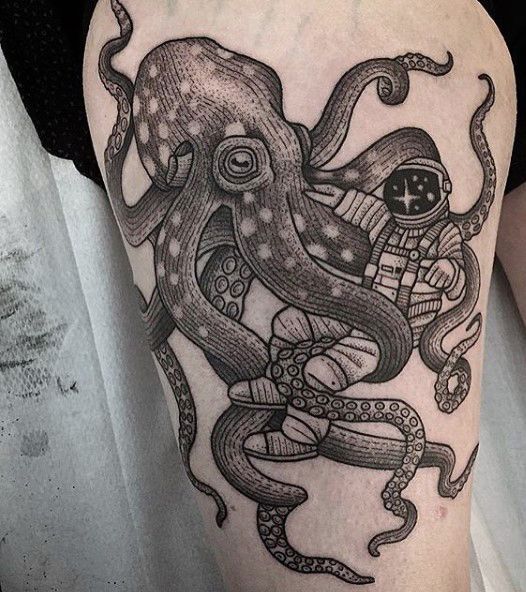 Gray Octopus With Astronaut Tattoo On Thigh