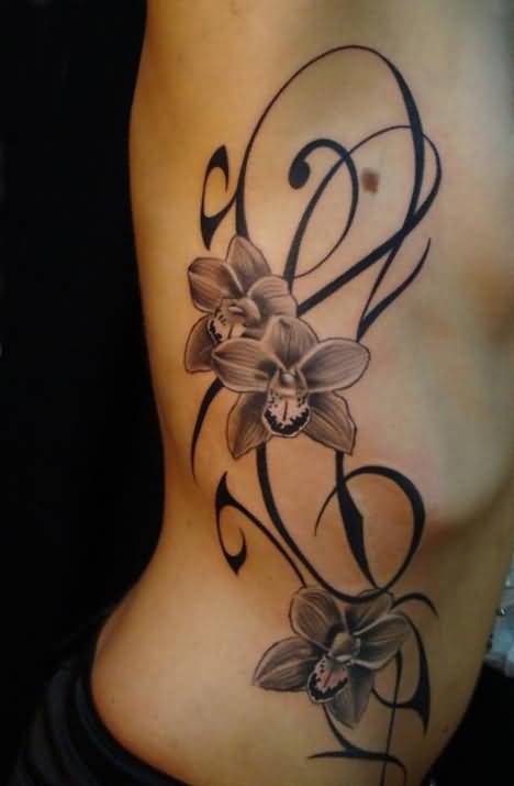 Gray Orchid Flower Tattoo On Side Rib