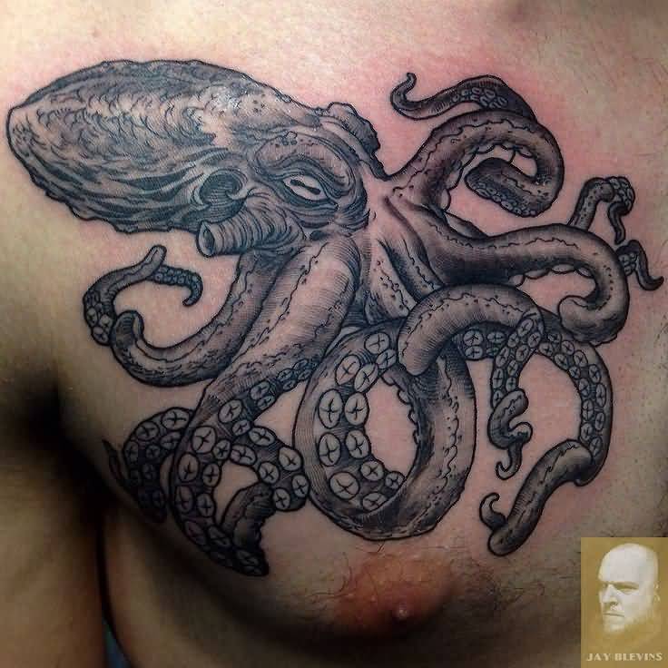 Gray ink Octopus Tattoo On chest