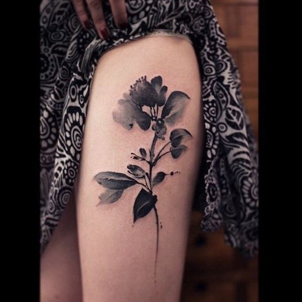 Gray watercolor Flower Tattoo On Thigh