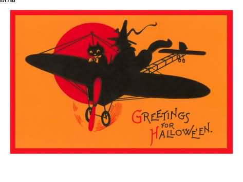 Greetings for Halloween vintage Halloween cat and witch airplane