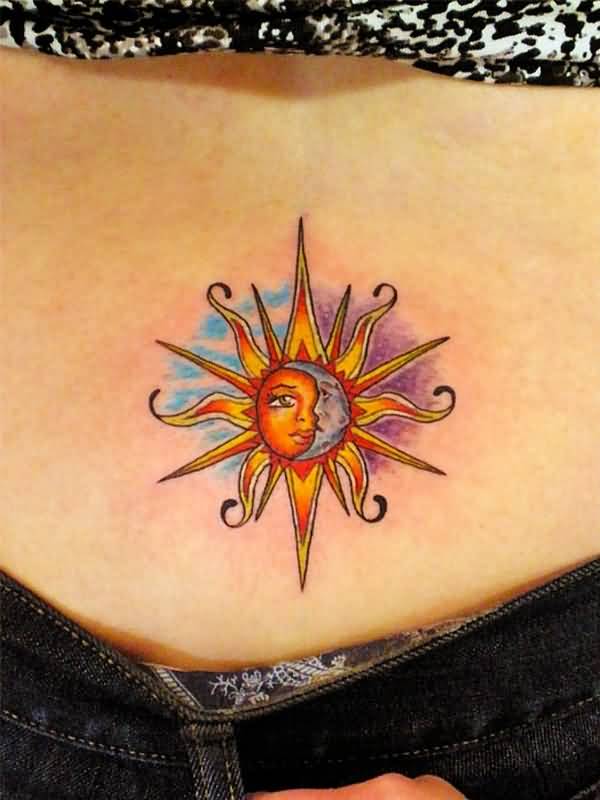Half Moon And Sun Tattoo On Hip