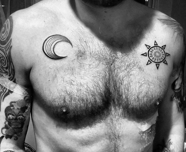 Half Moon And Sun Tattoo On Men Chest