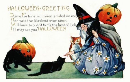 Halloween Greetings witch with owl and cats picture