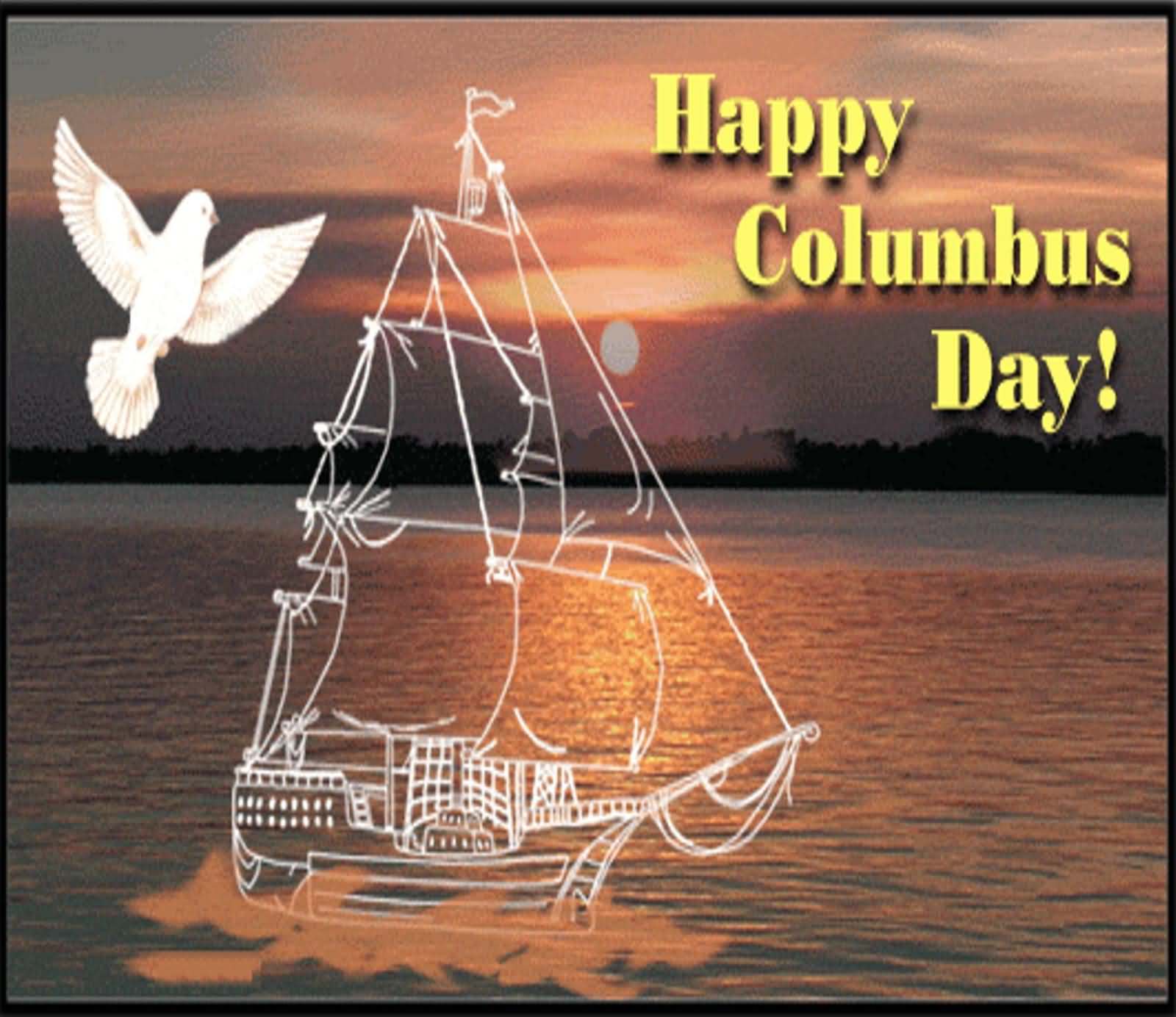 Happy Columbus Day Flying Dove And Ship In Sea