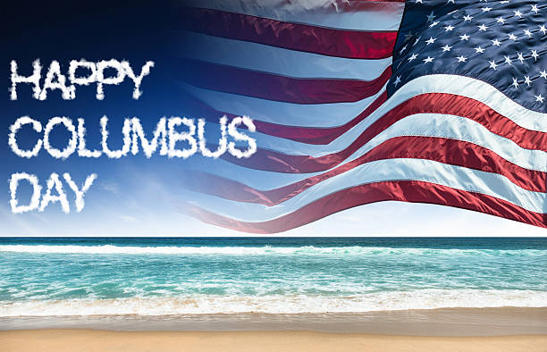 Happy Columbus Day Sea And American Flag In Background