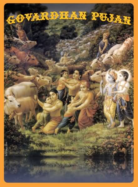 Happy Govardhan puja Lord kanha with his cows on govardhan hill image