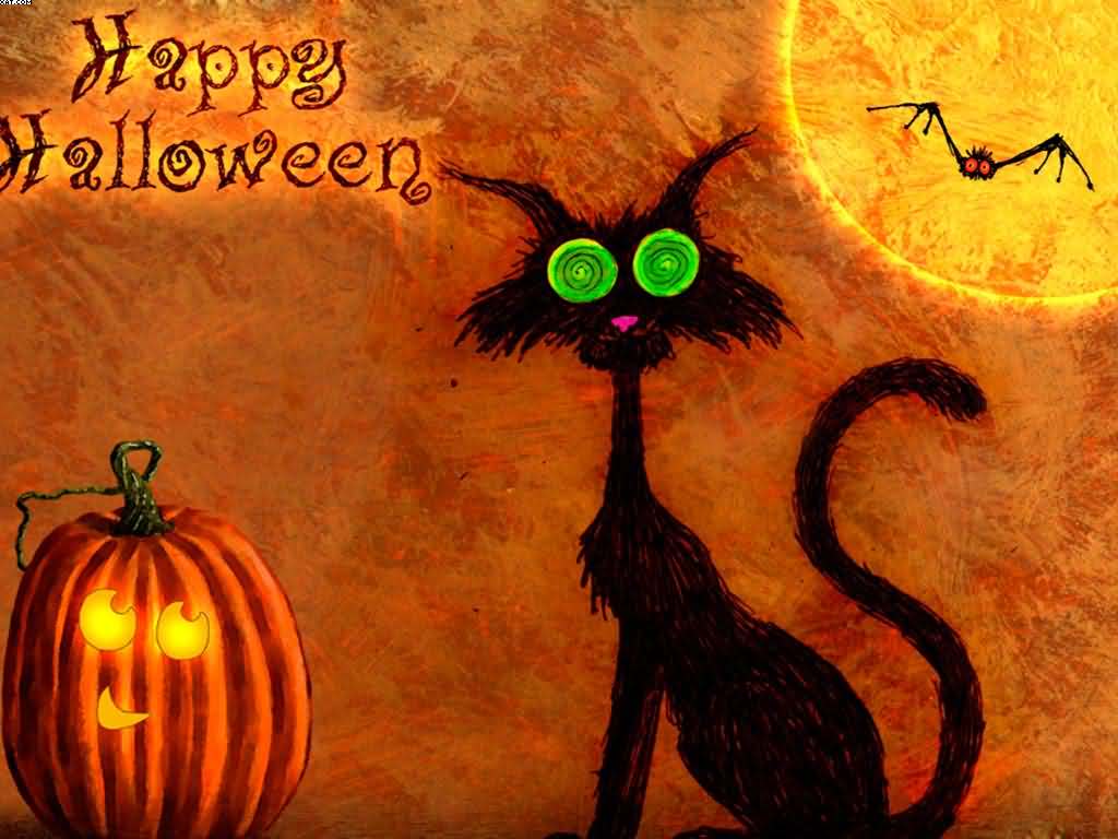 Happy Halloween Black Cat And Pumpkin Wallpaper