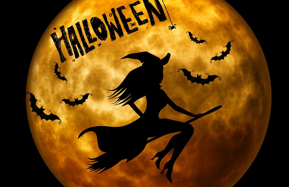 Happy Halloween Witch On Broomstick Passing from Moon