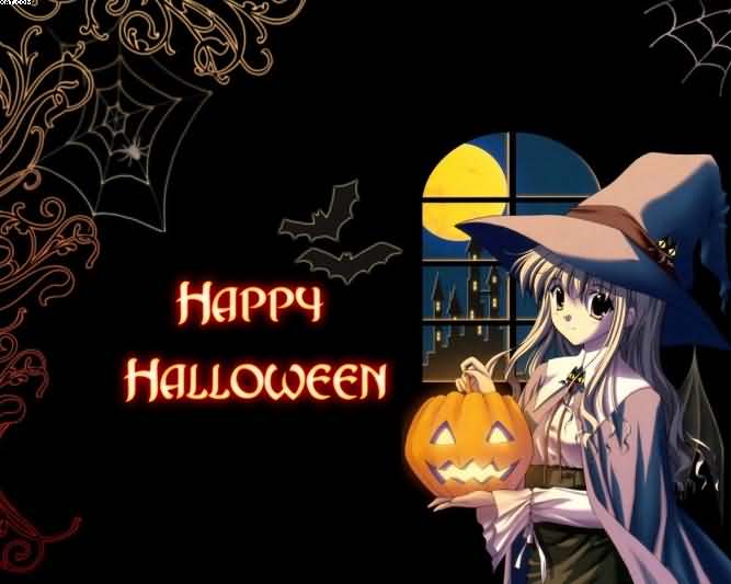 Happy Halloween beautiful witch with pumpkin image