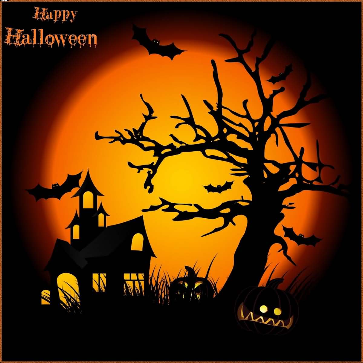 Happy Halloween card with scary pumpkin, bats flying over ghost house picture