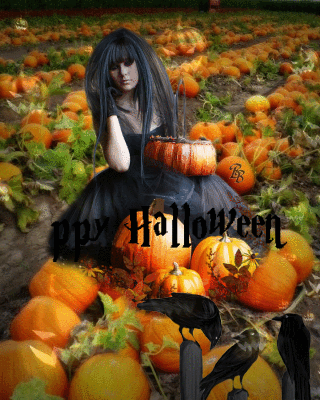 Happy Halloween witch sitting in pumpkin field glitter image