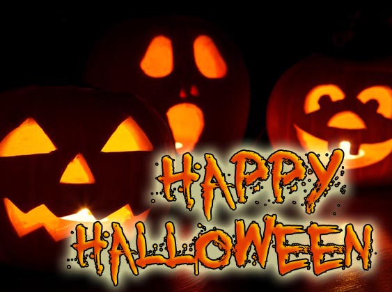 Happy Halloween yellow text with pumpkin background image