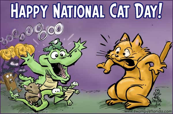 Happy National Cat Day Cat And Crocodile Cartoon