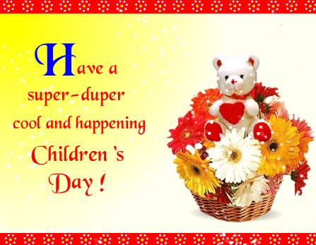 Have A Super duper Cool And Happening Children’s Day Flowers And Teddy bear In Basket