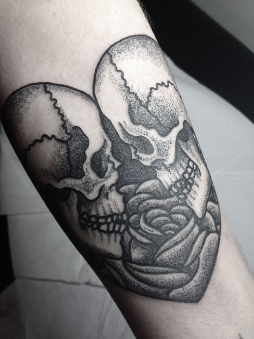 Heart Shaped Skulls And rose Flower Tattoo
