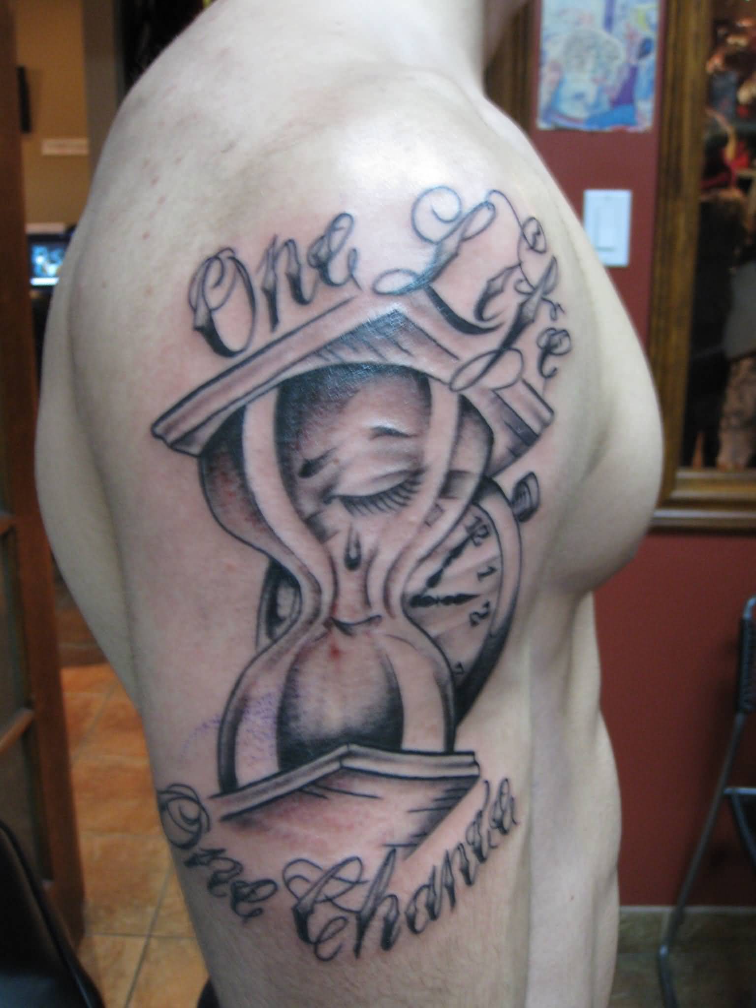 Hourglass With One Life One Chance Tattoo On Bicep