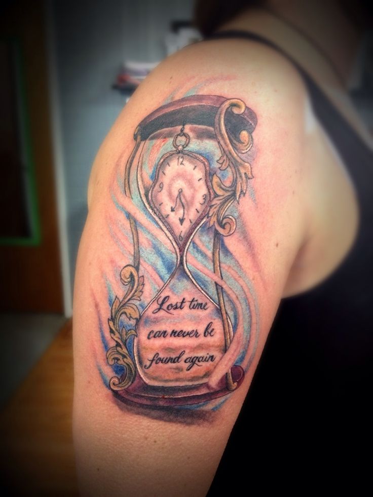 Hourglass With Quote Tattoo On Shoulder