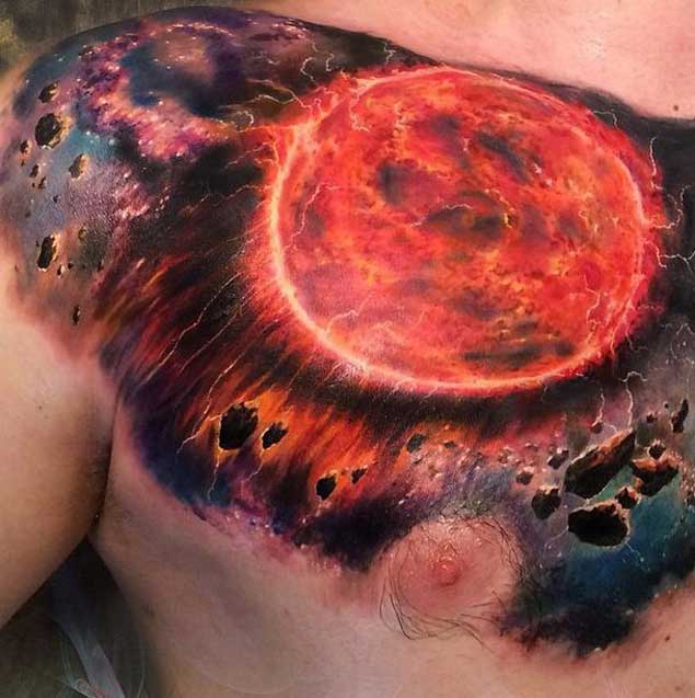 Huge Sun Space tattoo On Shoulder