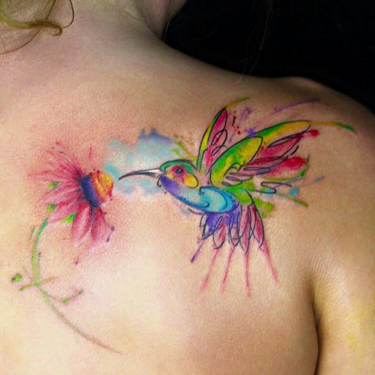 Hummingbird And Flower Watercolor Tattoo On Back Shoulder For Girls