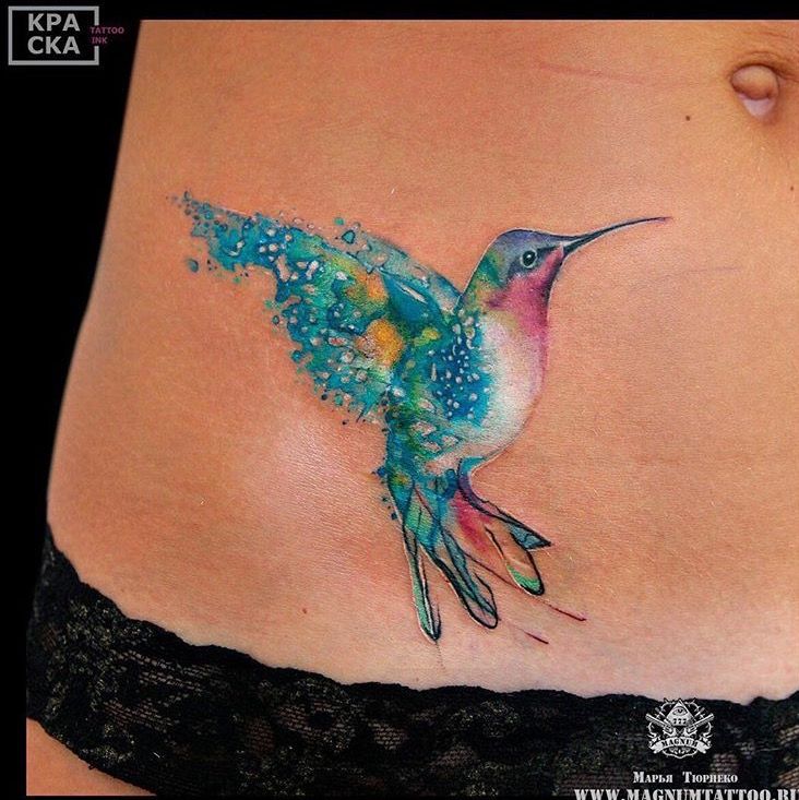 Hummingboard Watercolor Tattoo On waist
