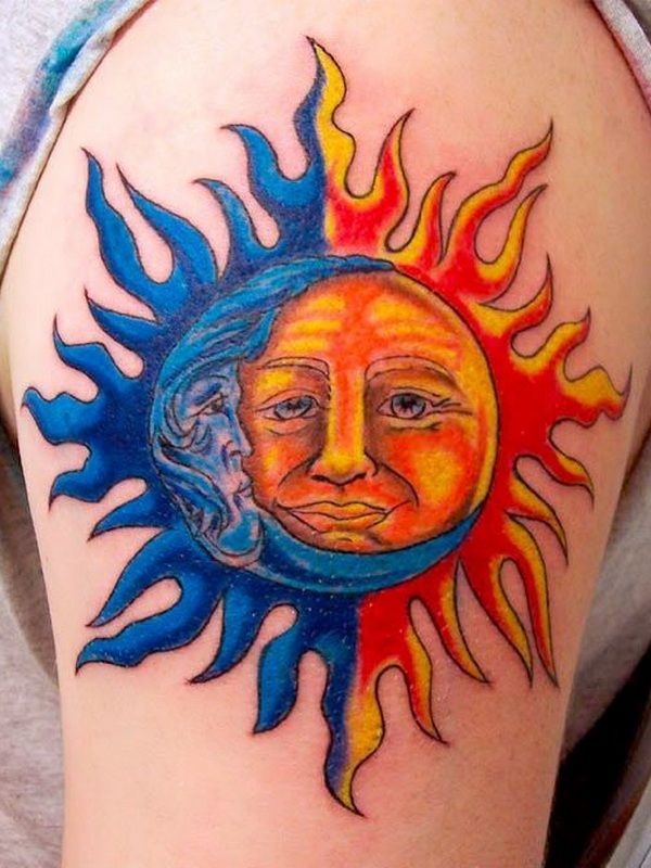 Incredible Moon And Sun Tattoo On Upper Arm
