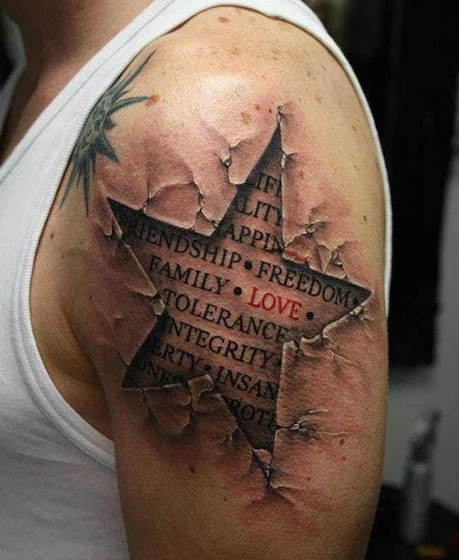 Incredible Ripped Skin 3d Star Tattoo On Shoulder