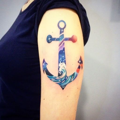 Incredible Water Color Anchor Tattoo On Shoulder
