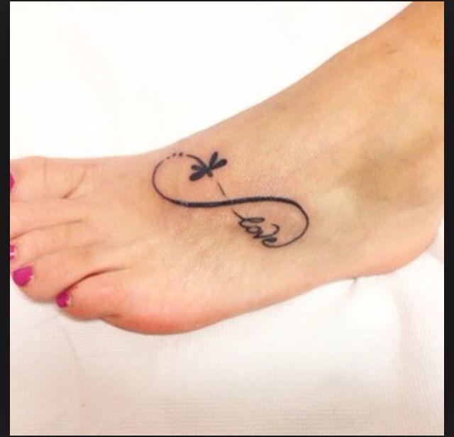 Infinity Dragonfly Tattoo With Love text on Foot