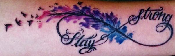 Infinity Feather Tattoo With Stay Strong Text