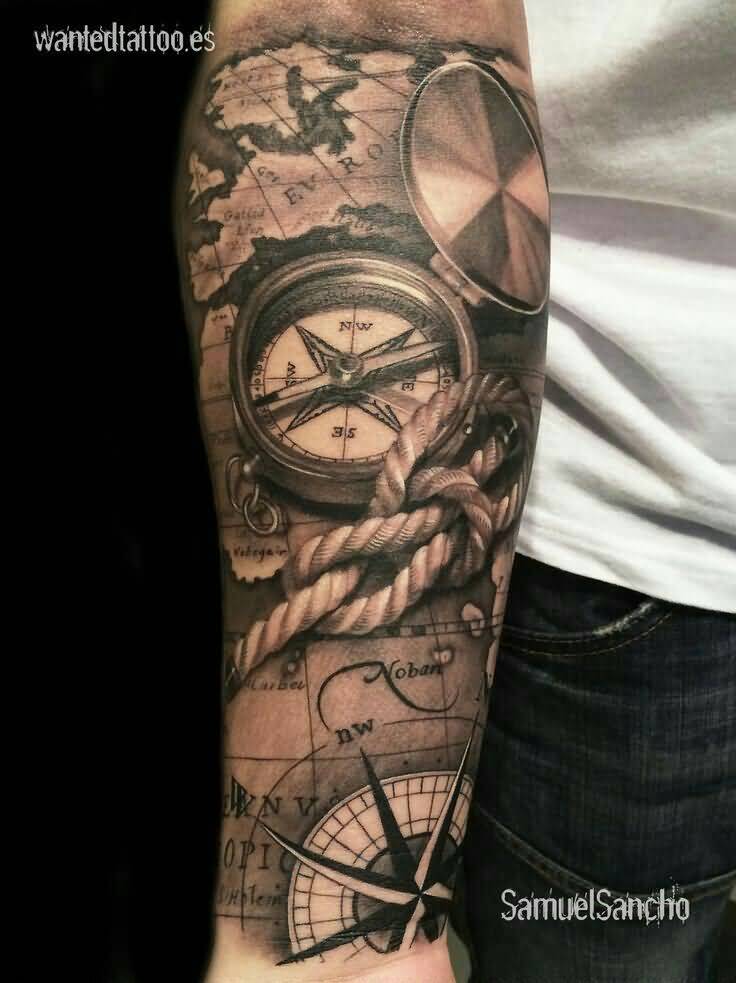 Inked Nautical Tattoo On Full Arm