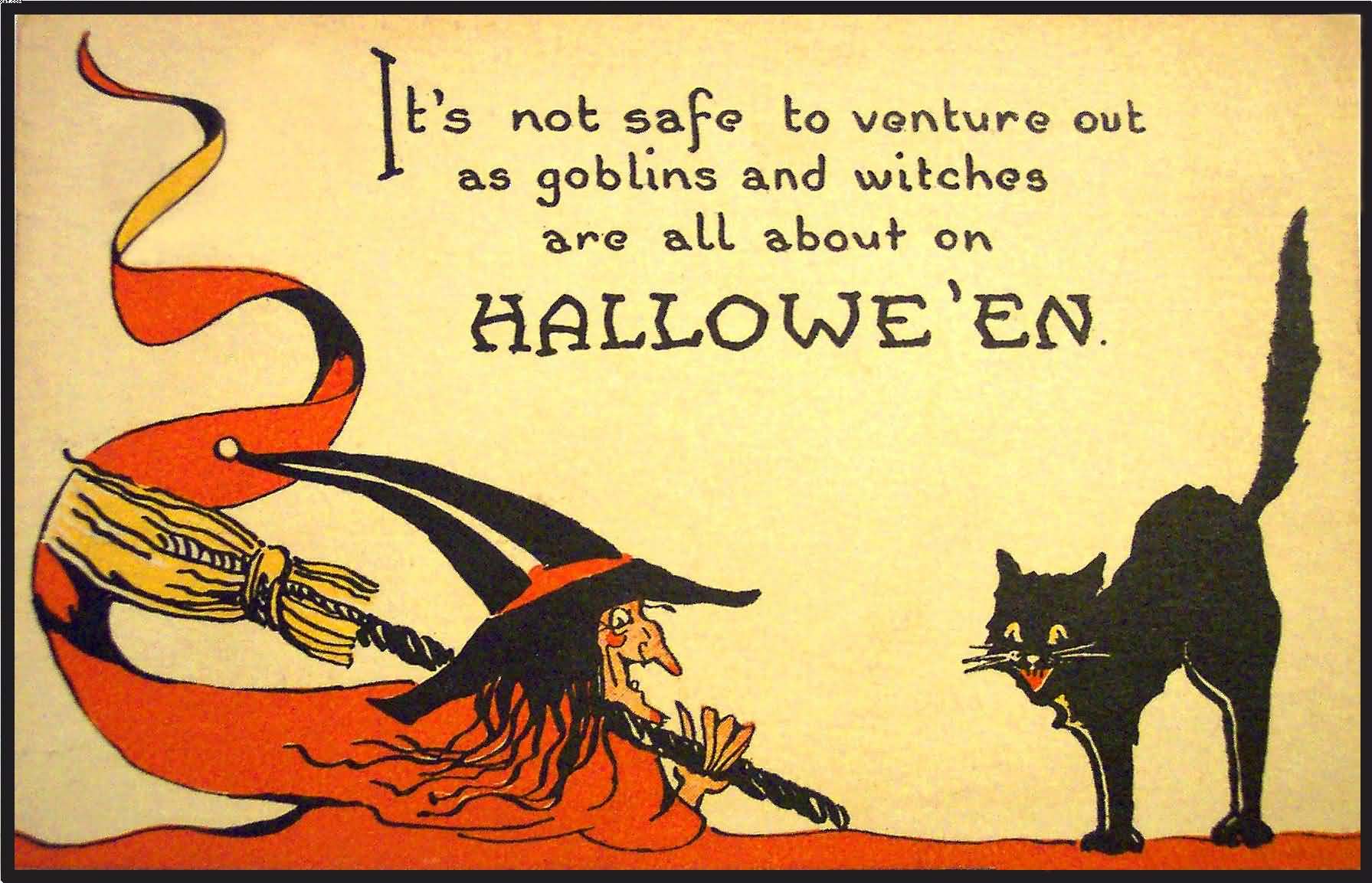 It’s not safe to venture out as goblins and witches are all about on Halloween witch with broom and black cat wallpaper