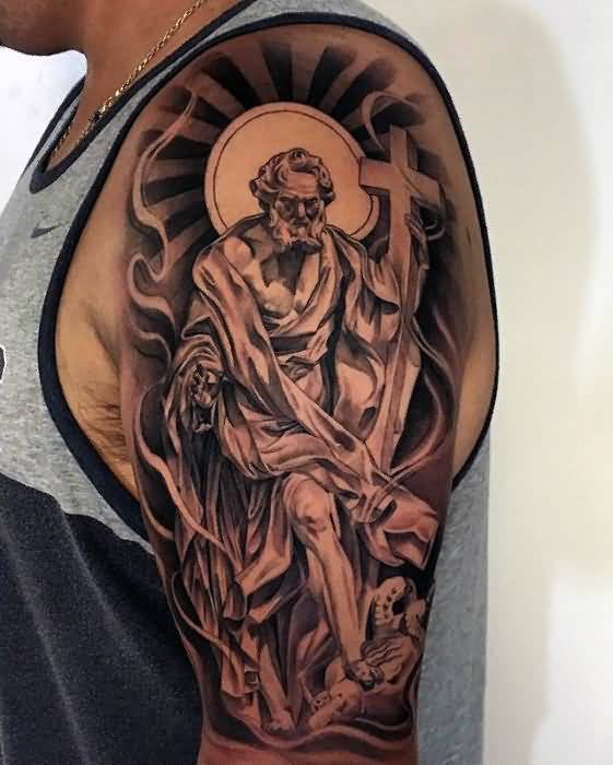 Jesus With Cross Tattoo On Mans Half Sleeve