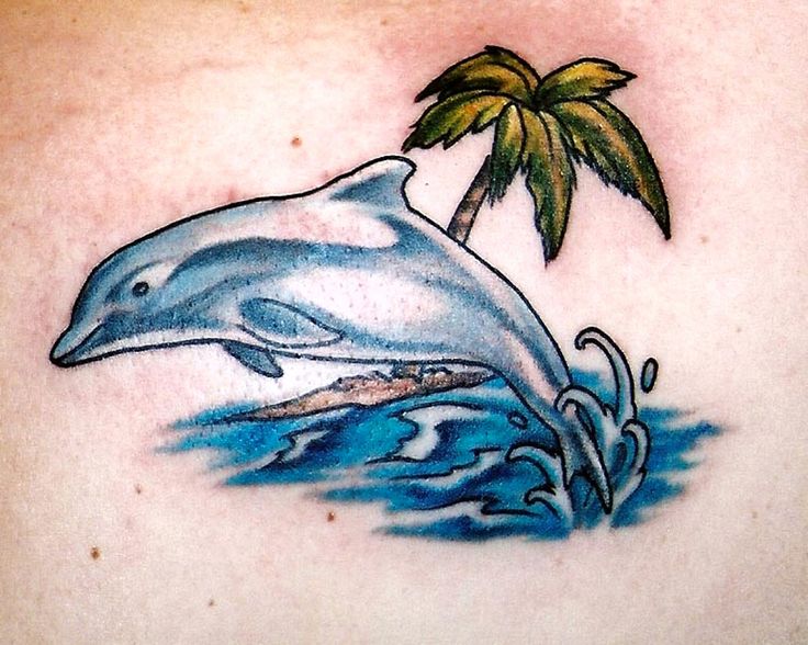 Jumping Dolphin And Beach View Tattoo