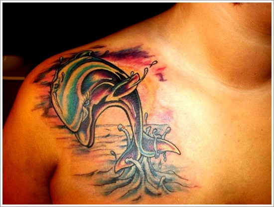 Jumping Dolphin Tattoo On Collar Bone