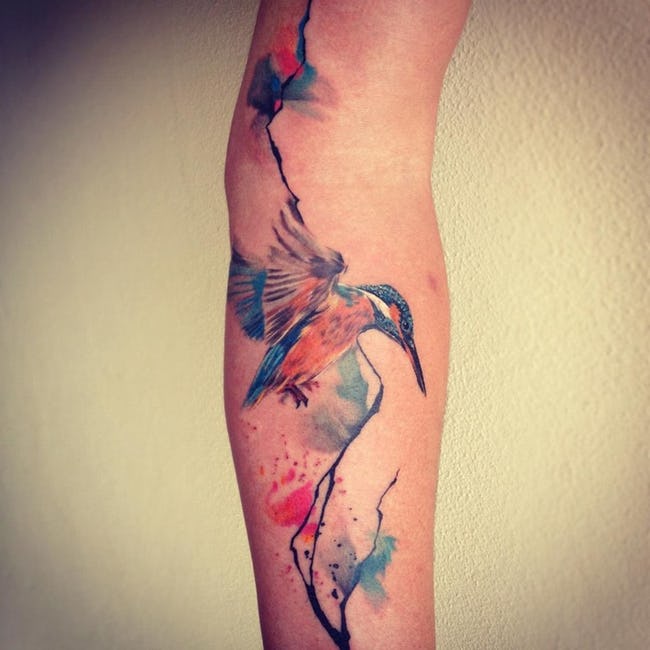 Kingfisher Watercolor Tattoo On Leg