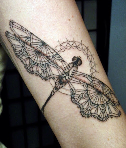 Lace Design Dragonfly Tattoo On Leg