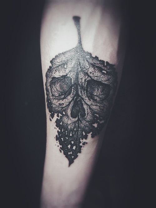 Leaf Skull Tattoo On Forearm