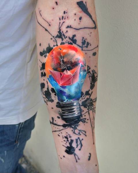 Lightbulb Watercolor Tattoo On forearm