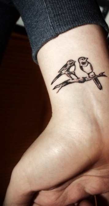 Love birds Sitting On Tree Branch Tattoo On Wrist