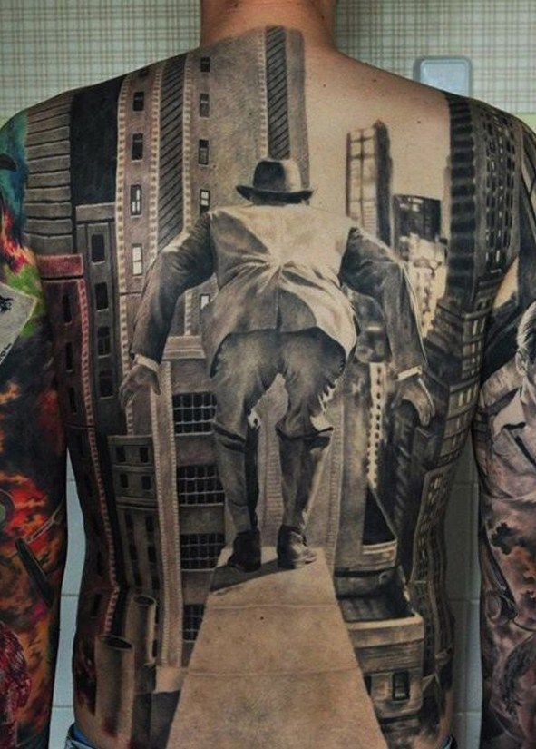 Man Ready To Jump From Building 3d Tattoo On Full Back