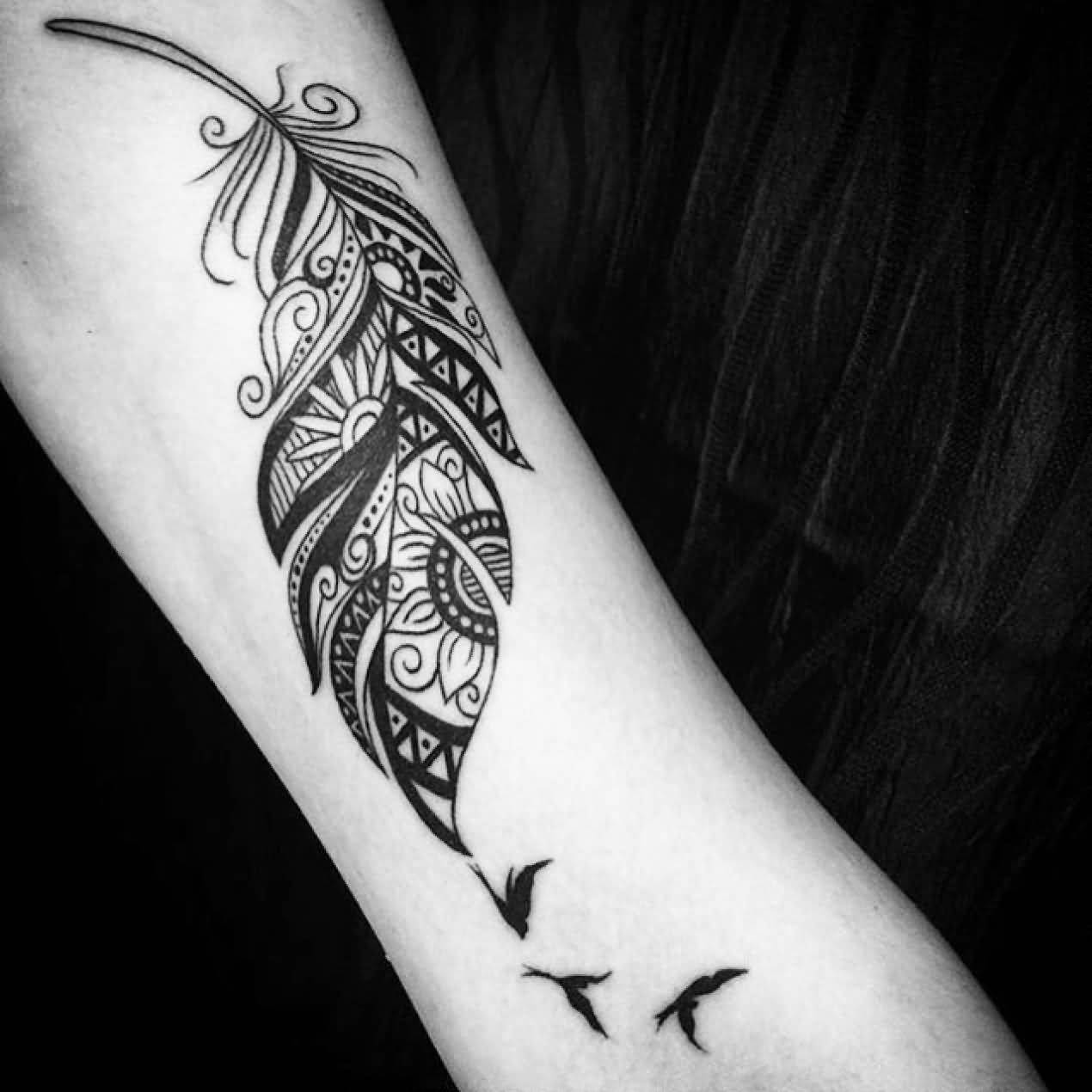 Mandala Feather Tattoo With Flying Birds
