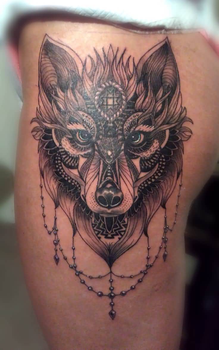 Mandala Wolf Tattoo On Thigh