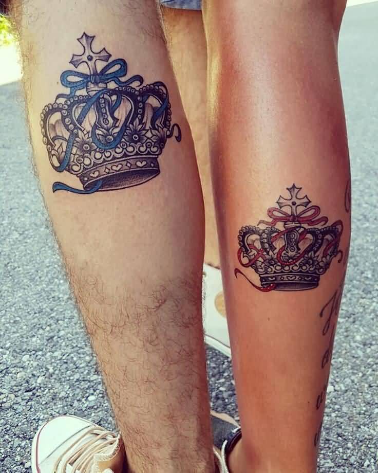 Matching King And Queen Crowns Tattoo On Legs