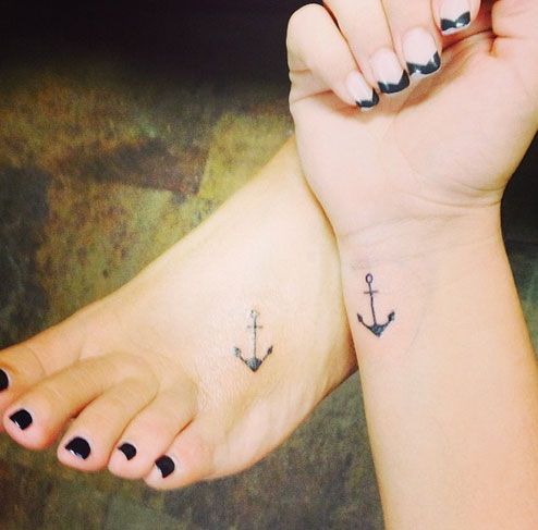 Matching Small Anchor Tattoos On Wrist And Foot