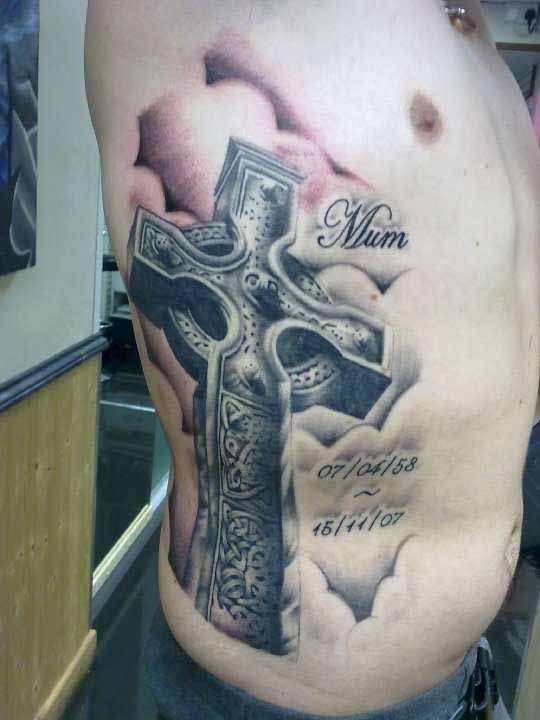 Memorial Celtic Cross Tattoo On Side Rib