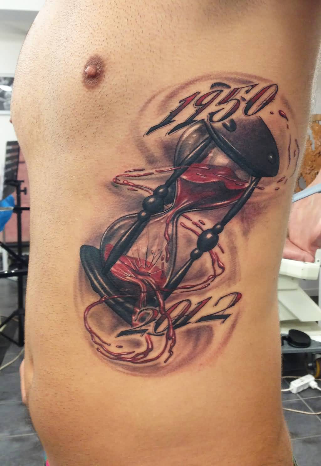 Memorial Hourglass Tattoo On Side Rib Cage