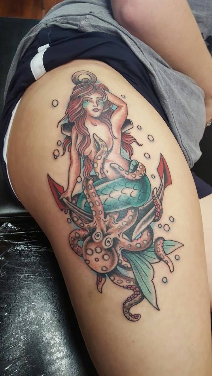 Mermaid And Anchor With Octopus Tattoo On Thigh